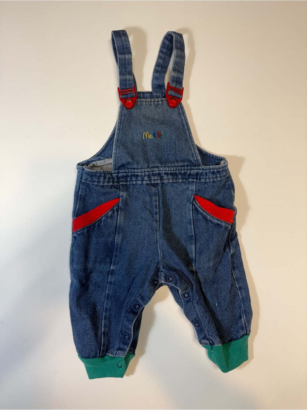 Vintage McKids Denim Overalls with Red‎ Accents and Green Cuffs